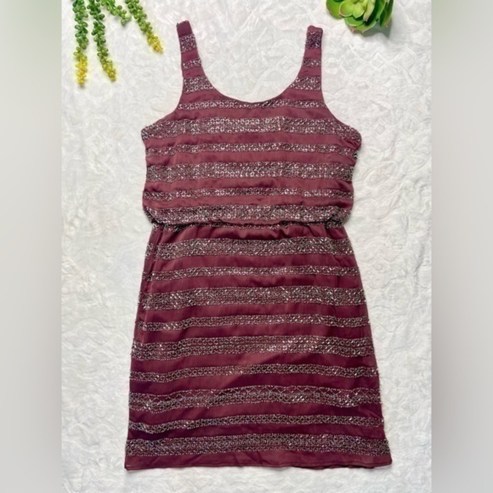 Saks 5/48 Fully Beaded Scoop Neck Sleeveless Cocktail Dress in Burgundy Size Med